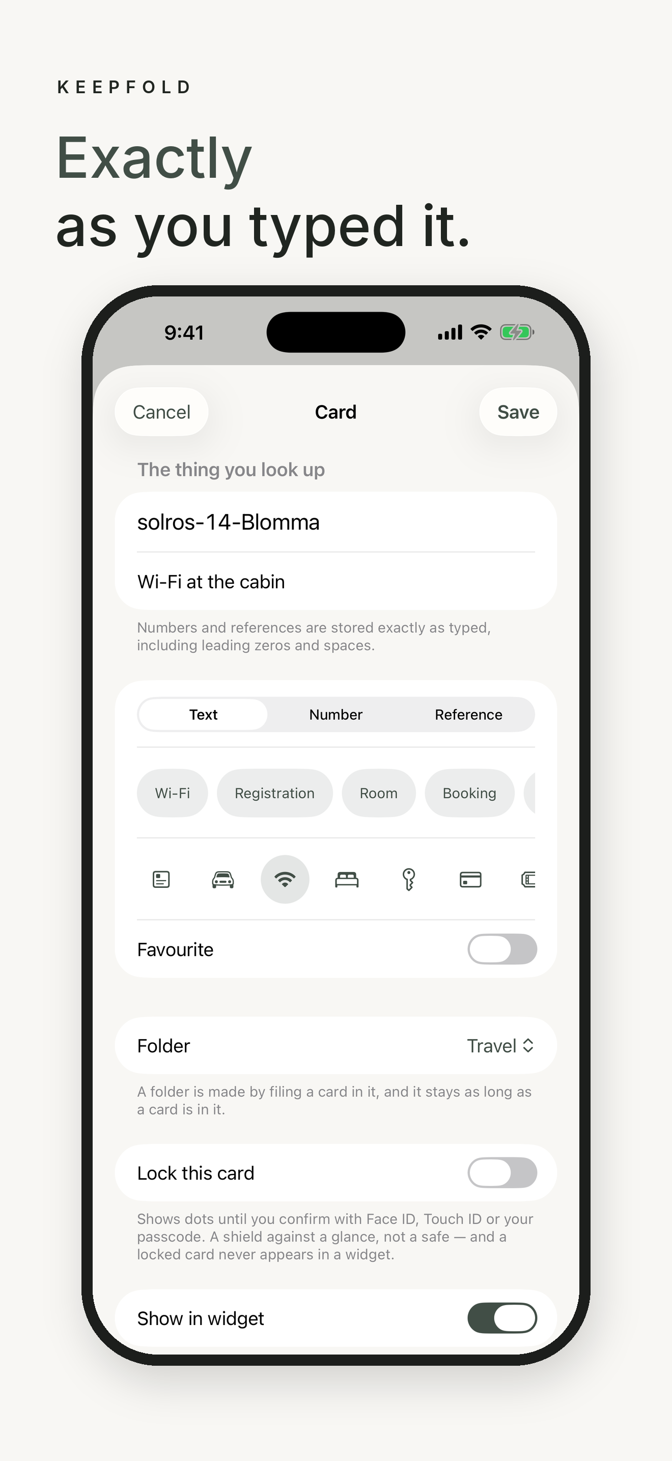 An open card showing a Wi-Fi password exactly as typed