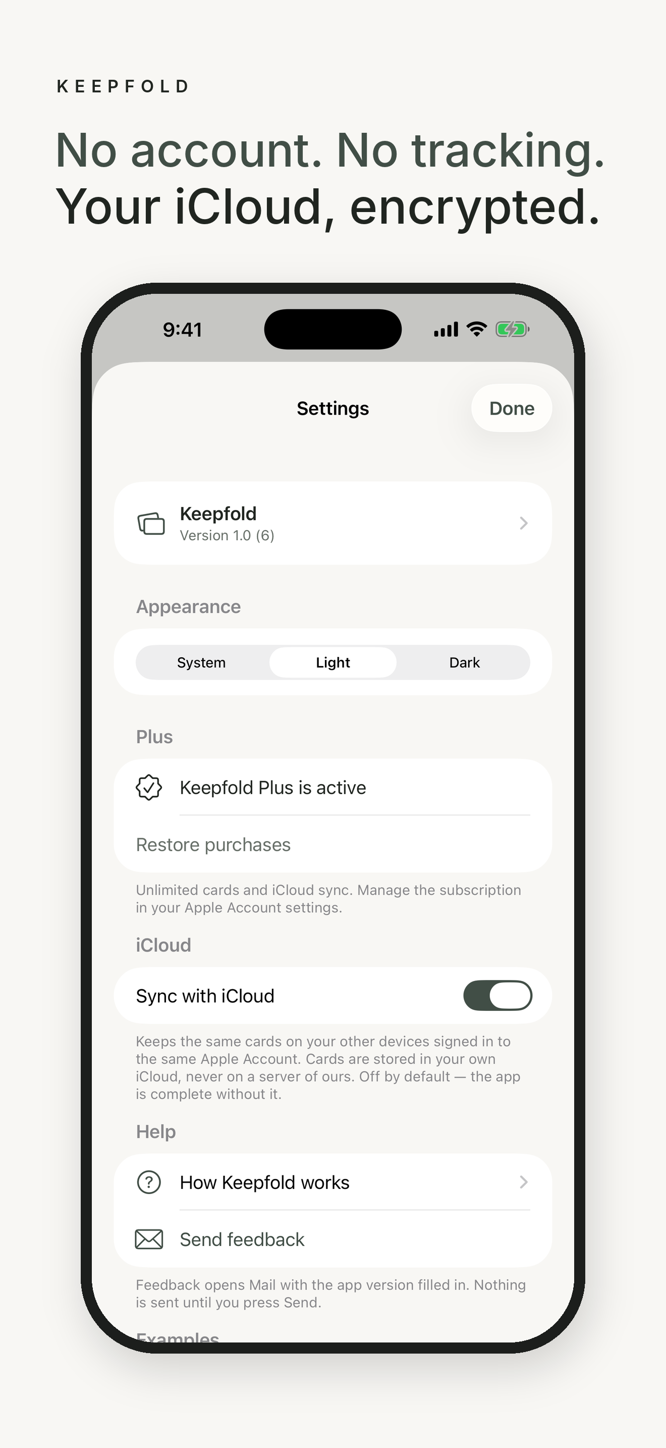 Settings with the iCloud sync switch